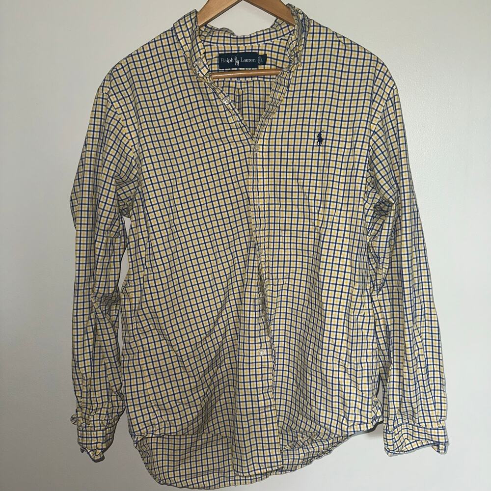 Ralph Lauren Men’s Classic Fit Plaid Check Button Down Shirt Yellow Navy L